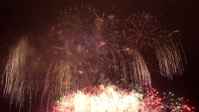 Professional video of fireworks show in 4K slow motion 60fps