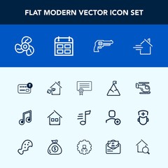 Fototapeta na wymiar Modern, simple vector icon set with house, blue, weapon, air, online, melody, certificate, home, success, pistol, sky, nature, money, template, tune, timetable, handgun, gun, finance, cash, rent icons