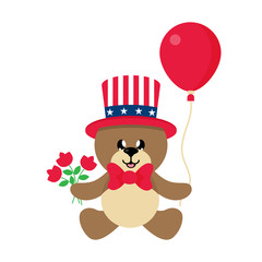 4 july cartoon cute bear in hat sitting with balloon and  flowers