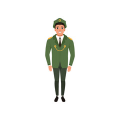 Army officer in formal wear: green jacket, pants and peaked cap. Military theme. Cartoon character of young man. Flat vector design