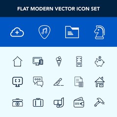 Modern, simple vector icon set with architecture, shopping, drink, dessert, chess, clinic, investment, horse, laptop, white, file, cold, container, home, add, game, card, money, payment, speech icons