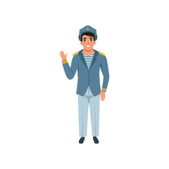 Cheerful navy captain waving hand. Naval officer in formal wear: blue jacket, pants, striped vest and peaked cap. Flat vector design