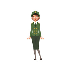 Beautiful brunette woman in formal military uniform: green jacket, skirt and peaked cap. Officer of armed forces. Flat vector design