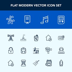 Modern, simple vector icon set with summer, radio, increase, property, business, people, presentation, note, style, bank, real, building, businessman, station, arrow, juice, architecture, paris icons