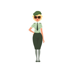 Cartoon woman in formal military dress: green shirt, tie, skirt, beret and sunglasses. Young girl in army officer costume. Flat vector
