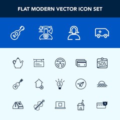 Modern, simple vector icon set with concert, business, guitar, technology, poster, house, new, debit, ambulance, card, hot, tool, rescue, idea, emergency, drink, billboard, blank, money, face icons