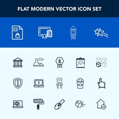 Modern, simple vector icon set with relocation, shiny, photo, tourism, housework, star, package, cardboard, award, london, place, market, computer, blank, list, achievement, chair, protection icons