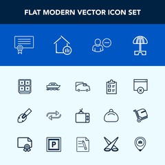 Modern, simple vector icon set with money, change, list, mark, bank, sign, water, television, tick, construction, finance, user, concept, umbrella, transportation, technology, checklist, tv, sea icons