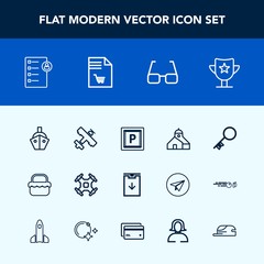 Modern, simple vector icon set with food, technology, aircraft, vehicle, human, award, plane, road, flight, drone, sea, reward, list, success, grass, car, job, travel, picnic, house, ship, door icons
