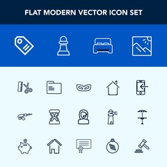 Modern, simple vector icon set with house, gun, tag, folder, technology, army, hairdresser, bedroom, headset, military, paper, photography, landscape, estate, mobile, celebration, sand, internet icons