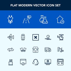 Modern, simple vector icon set with airplane, time, concept, estate, aircraft, replace, property, tool, building, construction, minute, sun, sea, business, replacement, sport, transport, watch icons