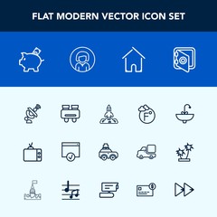 Modern, simple vector icon set with space, launch, house, bathroom, security, water, suitcase, safe, finance, vision, tv, bag, thermometer, technology, glasses, faucet, spy, safety, temperature icons