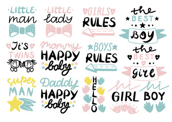 13 children s logo with handwriting Little man,lady, Girls, boys rules, Mommy, Daddy happy baby, Hello, It s twins.