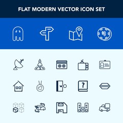 Modern, simple vector icon set with map, technology, tv, rocket, architecture, halloween, door, music, identity, estate, space, ghost, scary, launch, sound, audio, fashion, video, escape, casino icons