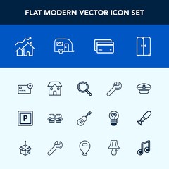 Fototapeta na wymiar Modern, simple vector icon set with property, captain, interior, wrench, competition, street, sound, currency, road, vehicle, equipment, concert, cupboard, cabinet, construction, sailor, spanner icons