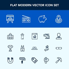 Modern, simple vector icon set with chart, building, sky, air, location, male, landmark, transport, fashion, clothing, medieval, tower, cycle, business, helicopter, cap, winner, online, uniform icons