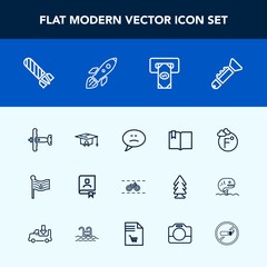 Modern, simple vector icon set with aircraft, cash, musical, wheel, college, address, power, scale, jazz, bubble, bomb, transportation, thermometer, chat, graduation, speech, fire, school, bike icons
