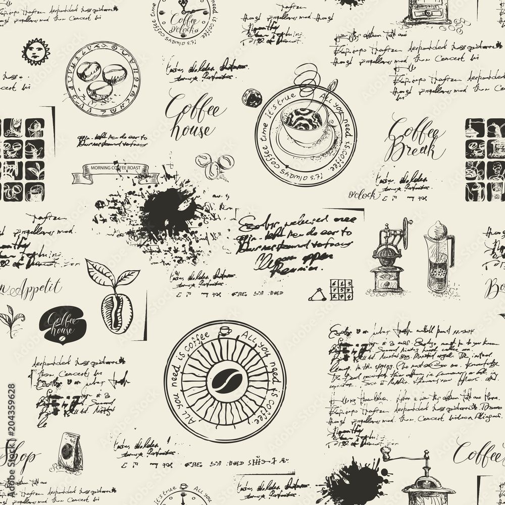 Poster vector seamless pattern on the coffee theme with a various coffee symbols, blots and inscriptions on