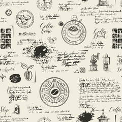 Vector naadloos patroon op het koffiethema met verschillende koffiesymbolen, vlekken en inscripties op een achtergrond van oud manuscript in retrostijl. Kan worden gebruikt als behang of inpakpapier