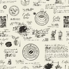 Tapeten Kaffee Vektornahtloses Muster zum Thema Kaffee mit verschiedenen Kaffeesymbolen, Flecken und Inschriften auf einem Hintergrund des alten Manuskripts im Retrostil. Kann als Tapete oder Geschenkpapier verwendet werden