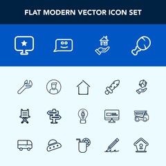 Modern, simple vector icon set with chicken, tool, medieval, chair, star, doorknob, box, sign, computer, profile, fast, male, home, estate, door, dont, repair, creative, meal, idea, delivery icons