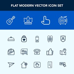 Modern, simple vector icon set with room, technology, crown, protection, luggage, antenna, , envelope, bag, music, guitar, transport, king, fashion, suitcase, hotel, object, leather, mobile, van icons