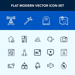 Modern, simple vector icon set with map, star, camera, science, alien, photo, online, wildlife, house, business, space, launch, pin, money, monster, dollar, estate, music, delivery, real, care icons