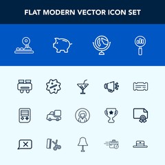 Modern, simple vector icon set with sign, label, cocktail, girl, discount, truck, speaker, juice, sale, spy, global, money, coupon, web, search, drink, globe, woman, bank, technology, vision icons
