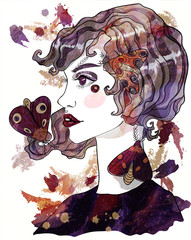 Portrait of a Moth Girl. Girl and moths. Fashion illustration