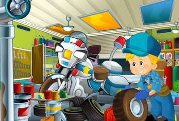 cartoon scene with garage mechanic working repearing some vehicle - police motocycle - or clearing work place - illustration for children