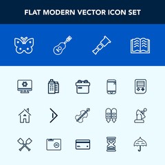 Modern, simple vector icon set with cello, technology, page, home, estate, literature, phone, nature, architecture, business, holiday, right, sky, open, mobile, wing, education, computer, insect icons