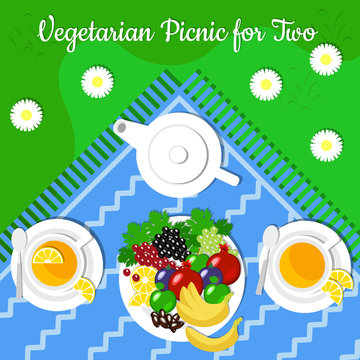 Vegetarian picnic for two, fruits, set for tea