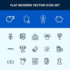 Modern, simple vector icon set with investment, medieval, award, sport, construction, whistle, castle, first, tshirt, tower, ball, safety, gramophone, fashion, banking, hit, music, spring, coin icons