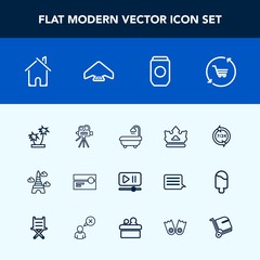 Modern, simple vector icon set with retail, button, shop, retro, crown, container, video, music, service, modern, cassette, house, camera, estate, stereo, help, king, summer, white, architecture icons