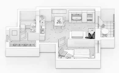 Line drawing floor plan on a white background, Mock up of furnished home apartment