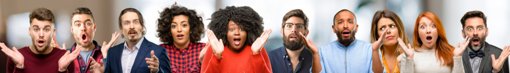 Group of people happy and surprised cheering expressing wow gesture