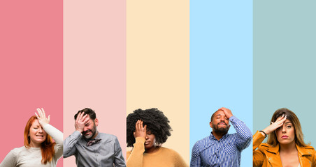Cool group of people, woman and man stressful keeping hand on head, tired and frustrated
