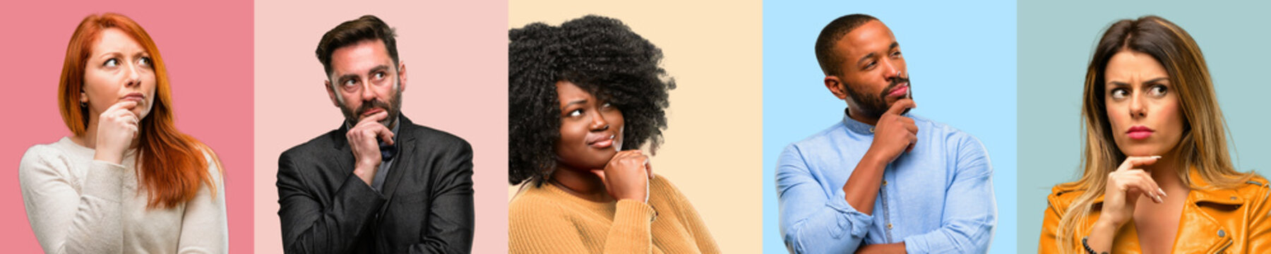 Cool group of people, woman and man doubt expression, confuse and wonder concept, uncertain future