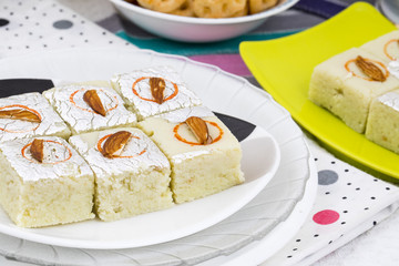 Indian Sweet Food Badam Barfi Also Know As Mithai, barfee, Mawa Barfi, Mava barfi, Almond Sweet, khoya Burfi Indian Popular Sweet Made up of Coconut, Mawa, Milk and Sugar