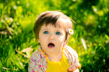 little girl in summer in the park. Portrait of a cute little girl in summer. Children's Day June 1. The first day of summer
