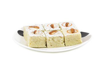 Indian Sweet Food Badam Barfi Also Know As Mithai, barfee, Mawa Barfi, Mava barfi, Almond Sweet, khoya Burfi Indian Popular Sweet Made up of Coconut, Mawa, Milk and Sugar isolated on white background