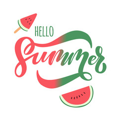 Watermelon sliced hand drawn vector illustration with hand lettering quote Hello Summer