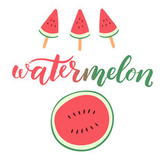 Watermelon sliced hand drawn vector illustration with hand lettering