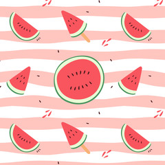 Watermelon sliced hand drawn vector illustration seamless pattern