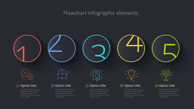 Business process chart infographics with 5 step segments. Circular corporate timeline infograph elements. Company presentation slide template. Modern vector info graphic layout design.