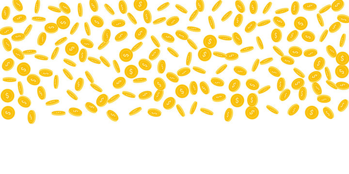 American dollar coins falling. Scattered sparse USD coins on white background. Unequaled wide top gradient vector illustration. Jackpot or success concept.
