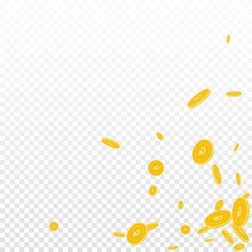 Russian ruble coins falling. Scattered disorderly RUB coins on transparent background. Alive scattered bottom right corner vector illustration. Jackpot or success concept.