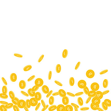 Bitcoin, internet currency coins falling. Scattered small BTC coins on white background. Quaint scatter bottom gradient vector illustration. Jackpot or success concept.