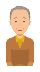An elderly man wearing brown clothes is smiling
