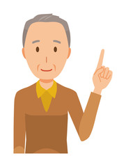 An elderly man wearing brown clothes is pointing